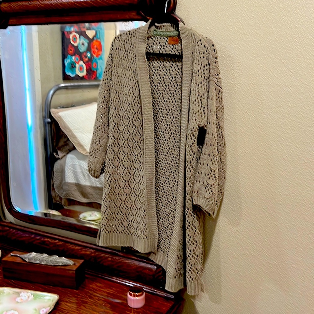 Long cardigan type sweater. Large, olive green.